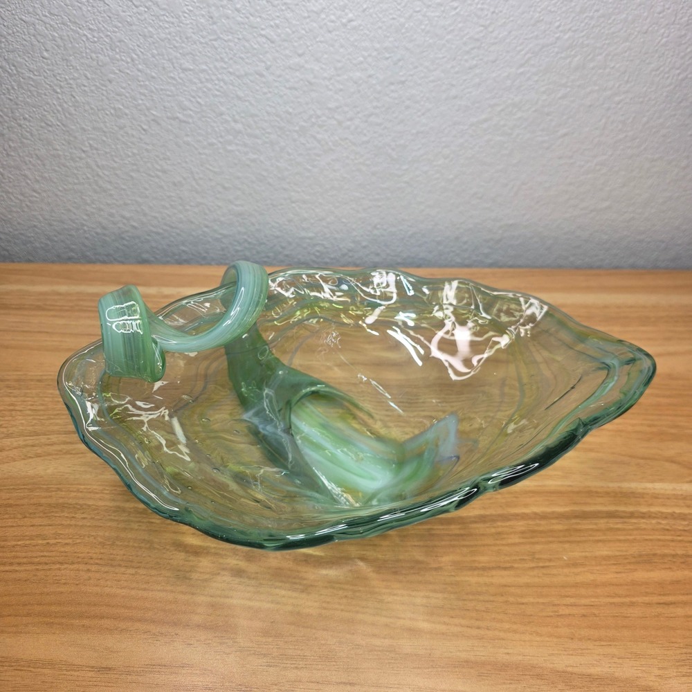 Vintage Murano Hand Blown Art Glass Cornucopia Bowl Green Clear Spiral Handle